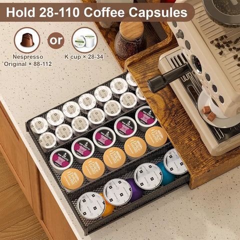 All In One Coffee Station Organizer With K Cup Holder And 28 Cup Capacity in rustic brown with coffee capsules in drawer.