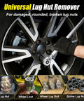 6 Piece Lug Nut Removal Kit For Damaged And Stripped Bolts, Half Inch Drive Wheel Lock Extractor In Use on Car Tire