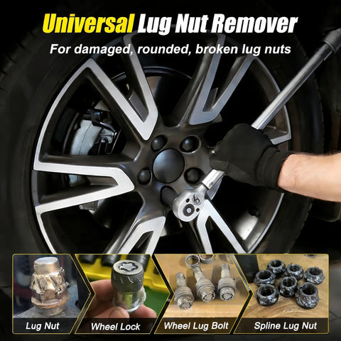 6 Piece Lug Nut Removal Kit For Damaged And Stripped Bolts, Half Inch Drive Wheel Lock Extractor In Use on Car Tire