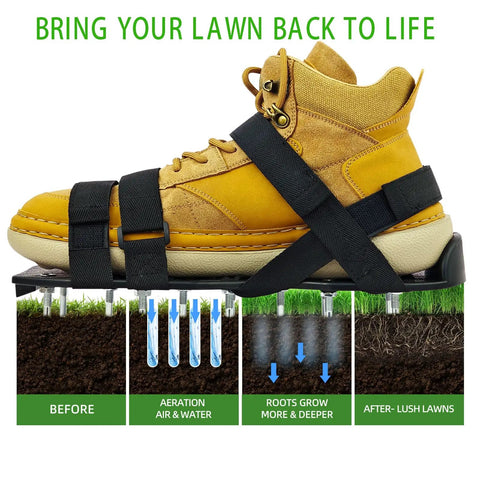 One Size Fits All Lawn Aerator Shoes With Upgraded X Shaped 8 Strand Straps And 13 Steel Spikes on yellow boot