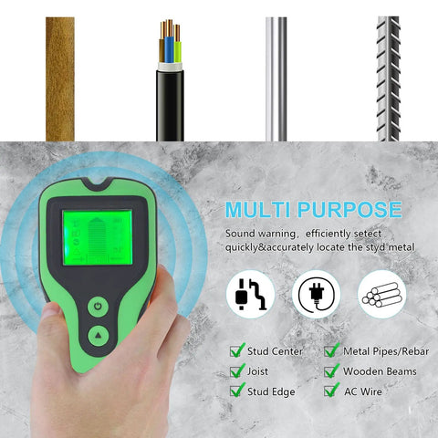 Stud Finder Wall Scanner High Sensitivity 5 Modes LCD Display Sound Alarm Stud Detector for Wood Beams Joists Metal in hand, highlighting features.