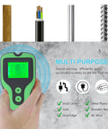 Luocute Stud Finder Wall Scanner, 5 Modes in hand, displaying green detection screen, showcasing multi-purpose scanning features.