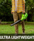 Person holding 40V Cordless Leaf Blower With 150 MPH Air 135 CFM Turbo Concentrator Nozzle for patio cleanup