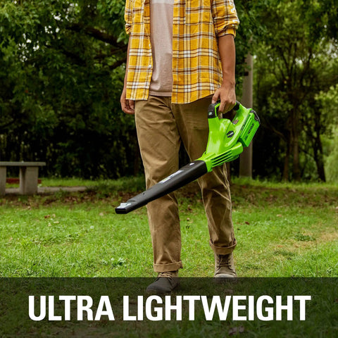 Person holding 40V Cordless Leaf Blower With 150 MPH Air 135 CFM Turbo Concentrator Nozzle for patio cleanup