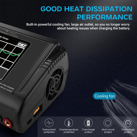 Dual RC Battery Charger With Touch Screen Beefy Power cooling fan and interface display.