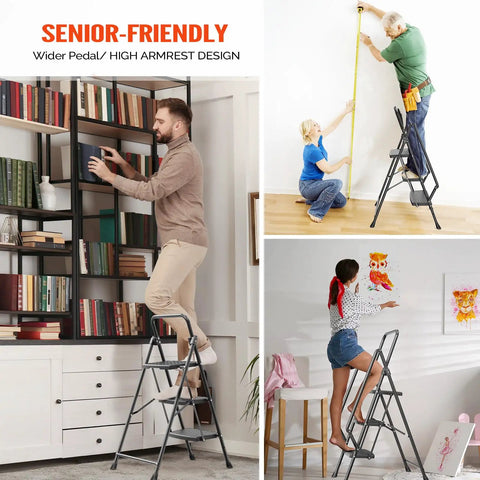 Person using 2 Step Folding Ladder for Home and Shop, Lightweight Steel Construction with Hand Rail and Non Slip Wide Pedals