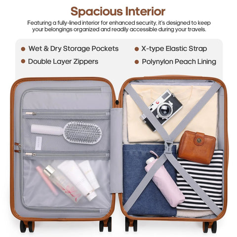 Open UKEIN 3-piece polycarbonate luggage set; tan hardshell cases with gray interiors, pockets and cross-straps
