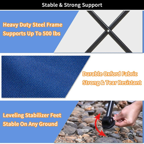 Heavy Duty Camping Chairs 2 Pack With 500 Lbs Capacity featuring steel frame, Oxford fabric, and stabilizer feet on rocky ground.
