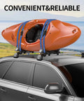 Orange kayak secured with Beefy 1 Inch By 15 Foot Ratchet Tie Down Straps 1500 Lbs Break Strength on car roof rack