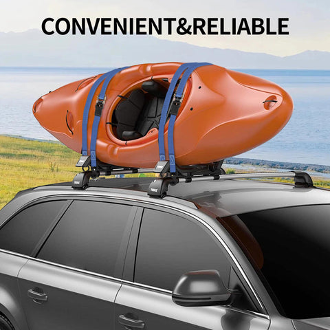 Orange kayak secured with Beefy 1 Inch By 15 Foot Ratchet Tie Down Straps 1500 Lbs Break Strength on car roof rack