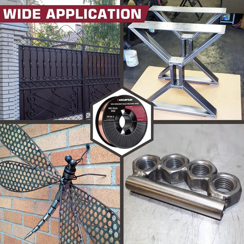 Pro Grade Mig Welding Wire 0.030 ER70S6 10 Lb Spool Low Splatter For Steel Smooth Feed And Deep Penetration Compatible With Lincoln Miller Forney Harbor Welders showcasing application examples in gates, tables, sculptures, and metal pieces.