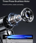 Close-up of Portable Handheld Turbo Fan With High Speed Air 22H Max Cooling Time 9 Blade Turbine showing motor and speed RPM display