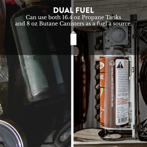 Dual Fuel Camping Stove For Propane Or Butane With Piezo Ignition, Portable Stove With Propane and Butane Canisters Visible