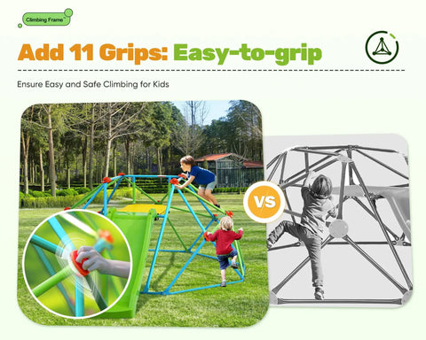 Kids playing on Climbing Dome With Slide 8Ft Jungle Gym For Backyard with focus on grips for easy climbing