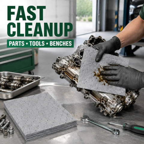 Heavy Duty Oil Absorbent Pads 15 By 20 Inches 50 Pack used for cleaning oily engine parts on a workbench with tools.