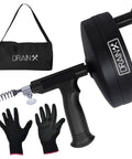Pro Grade Heavy Duty 25 Foot Steel Drum Auger Drain Snake Kit With One Quarter Inch Cable For One And A Quarter To Three Inch Drains, Durable Steel Drum, Includes Work Gloves And Storage Bag, Not For Toilet Clogs.