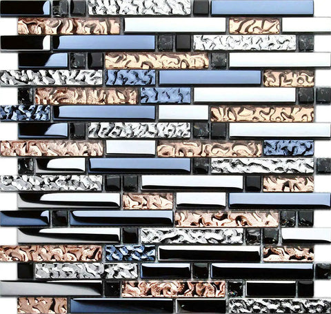 Interlocking Metallic Glass Tile Mosaic In Rose Gold Silver And Ink Blue For Kitchen Backsplash Bathroom Walls Fireplace Surrounds