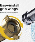 Camco brass RV water pressure regulator with gauge; brass body with threaded fittings.