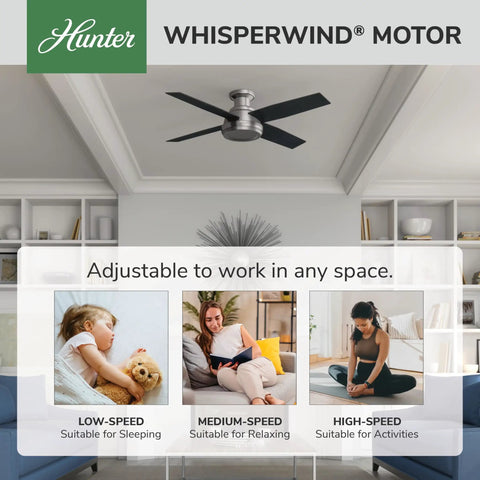 52 Inch Indoor Ceiling Fan No Light With Remote Control, Modern Flush Mount, Low Profile 4 Blade Brushed Nickel Ceiling Fan