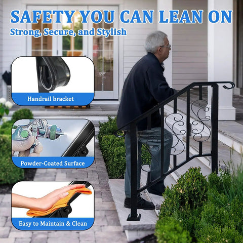Man using Super Tight Grip Outdoor Handrails For Steps And Indoor Stair Railing Kit Black Iron Guard with classy scroll patterns.