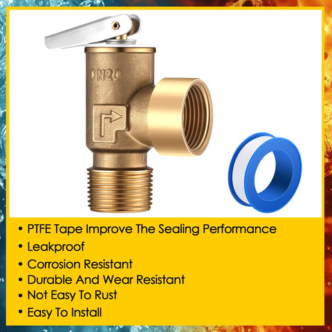 Brass boiler pressure relief valve with 3/4 in NPT threaded outlet and lever, front view; blue PTFE tape roll beside.