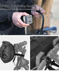 All Weather Bicycle Handlebar Bag With Dual Sided Opening And Folded Closure, Waterproof Inner Pocket, EVA cushioning on bike.