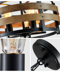 Details of 5 Light Metal Drum Chandelier With Wood Grain Shade, Round Pendant Ceiling Light For Kitchen Island And Dining Room, Dope Rustic Farmhouse Fixture In Black