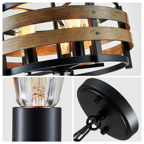 Details of 5 Light Metal Drum Chandelier With Wood Grain Shade, Round Pendant Ceiling Light For Kitchen Island And Dining Room, Dope Rustic Farmhouse Fixture In Black