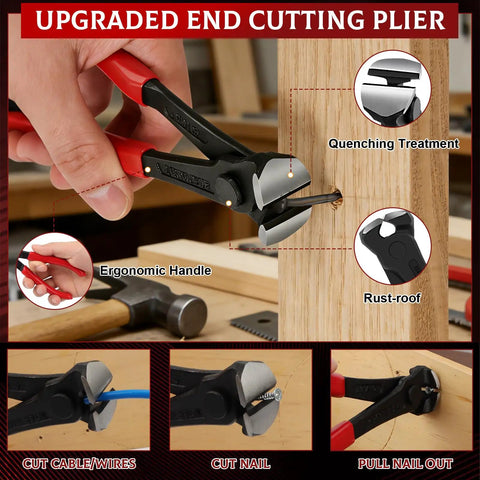 12 Piece Nail Puller And Trim Removal Tool Kit Including End Cutting Pliers Baseboard Tool Cat's Paw Nail Puller Car Clip Remover Tools Pry Bar Staple Remover Tool Carpet Cutter And Hook Tools For DIY Auto And Home Repair, end cutting plier