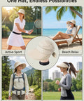 2-In-1 Women's Sun Visor Hat With Wide Brim Or Zip-Off Top used for sports, beach relaxation, hiking, and running.