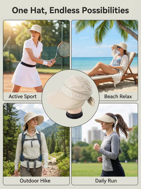 2-In-1 Women's Sun Visor Hat With Wide Brim Or Zip-Off Top used for sports, beach relaxation, hiking, and running.