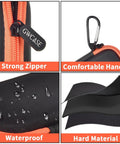 Collage of Hard Case For SanDisk Extreme Portable SSD Built Tough Rugged Foam Padding And Mesh Pocket in Bright Orange Zipper details
