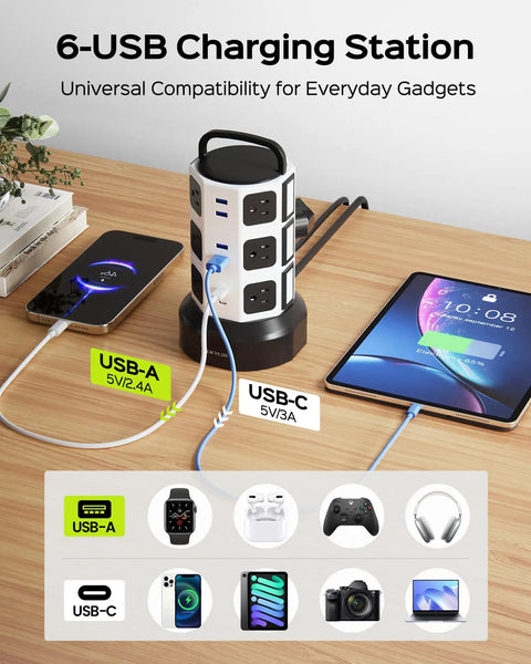 10ft Power Strip Tower Surge Protector With 13A, 12 Outlets And 6 USB Ports shown on a desk charging devices