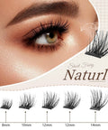 Close-up of eye with Glue Free Wispy Lash Clusters Kit For DIY Lash Extensions, various sizes 8-14mm C Curl, natural fluffy look.