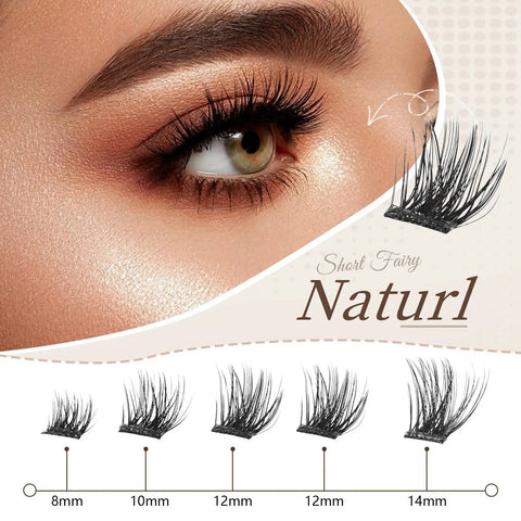 Close-up of eye with Glue Free Wispy Lash Clusters Kit For DIY Lash Extensions, various sizes 8-14mm C Curl, natural fluffy look.