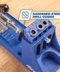 Close-up of the Pocket Hole Jig System With R3 Jig Drilling Guide And Dust Collection Pro Grade showing hardened-steel drill guides.
