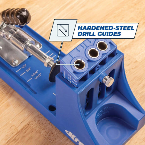 Close-up of the Pocket Hole Jig System With R3 Jig Drilling Guide And Dust Collection Pro Grade showing hardened-steel drill guides.