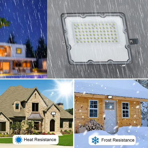 Two Pack 100W LED Outdoor Flood Lights on houses in rain and snow showing heat and frost resistance for security lighting