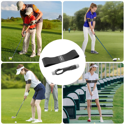 Collage showing golfers using 2 In 1 Golf Grip Trainer And Swing Stabilizer With Arm Band For Correct Grip And Arm Positioning.