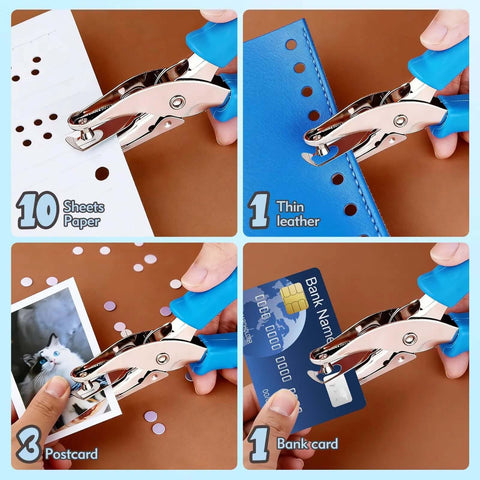 Adjustable Handheld Circle Hole Punch For Crafts And Scrapbooks With Blue Soft Grip One Quarter Inch And One Eighth Inch Heads Easy To Use For Tags Tickets Home Office And Classroom Projects Durable Metal Construction punching various materials