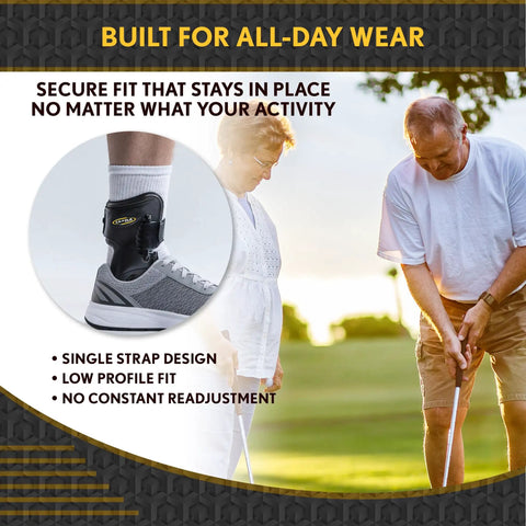 Close-up of rigid ankle brace providing stability to a senior playing golf; built for active aging adults in work and hiking boots.