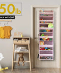 Premium Six Tier Over The Door Shoe Organizer In Durable Soft Ivory Fabric For Closets And Entryways That Totally Levels Up Your Storage Game Without Bulking Up The Room mounted on door with toys inside.