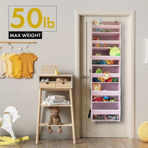 Premium Six Tier Over The Door Shoe Organizer In Durable Soft Ivory Fabric For Closets And Entryways That Totally Levels Up Your Storage Game Without Bulking Up The Room mounted on door with toys inside.