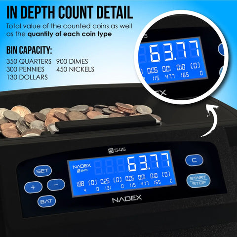 Smart S545 Pro Coin Counter Sorter And Wrapper With digital display showing count details in blue, coins visible in hopper