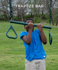 Child playing on Big Brutus Galvanized Steel Swing Set Kit trapeze bar with Classic A Frame in backyard.