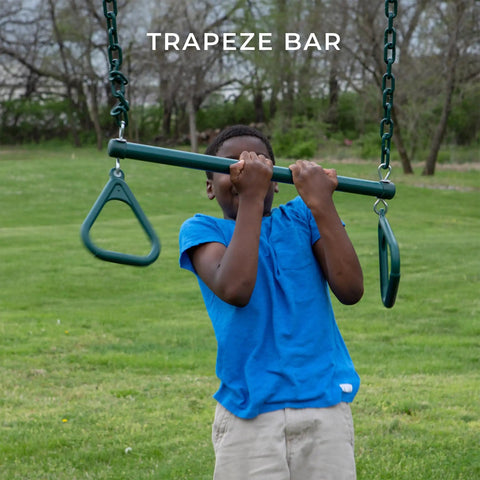 Child playing on Big Brutus Galvanized Steel Swing Set Kit trapeze bar with Classic A Frame in backyard.