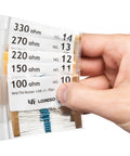 Hand holding components from Massive 1200 Piece Resistor Assortment Kit With 38 Values, 1/4W 1% Metal Film Resistors, ROHS Compliant