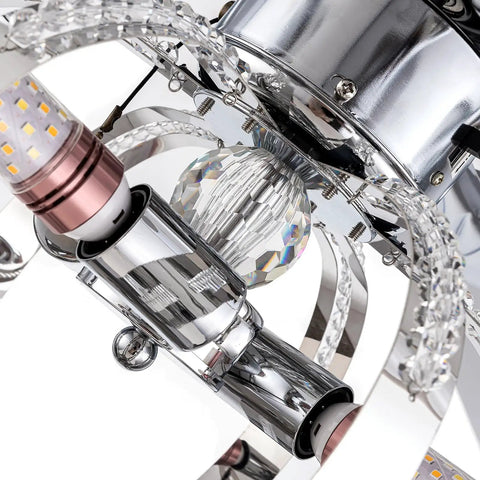 WEvalMC Ceiling Fan Chandelier 52 Inch with Wireless Operation, 5 Blades, 3 close-up of chrome motor and crystal accent.