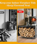 Comparison of before and after using 40 Inch Heavy Duty Firewood Rack With Cover For Outdoor Use, showing organized log storage.