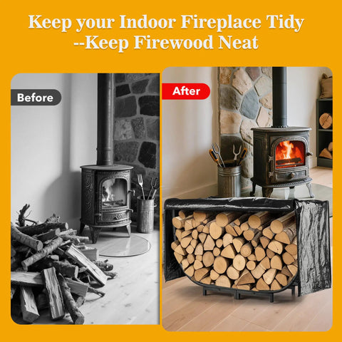 Comparison of before and after using 40 Inch Heavy Duty Firewood Rack With Cover For Outdoor Use, showing organized log storage.